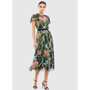 Mac Duggal Multicolor Floral Illusion Cap Sleeve Midi Dress 6 NWT #9149 Chiffon
